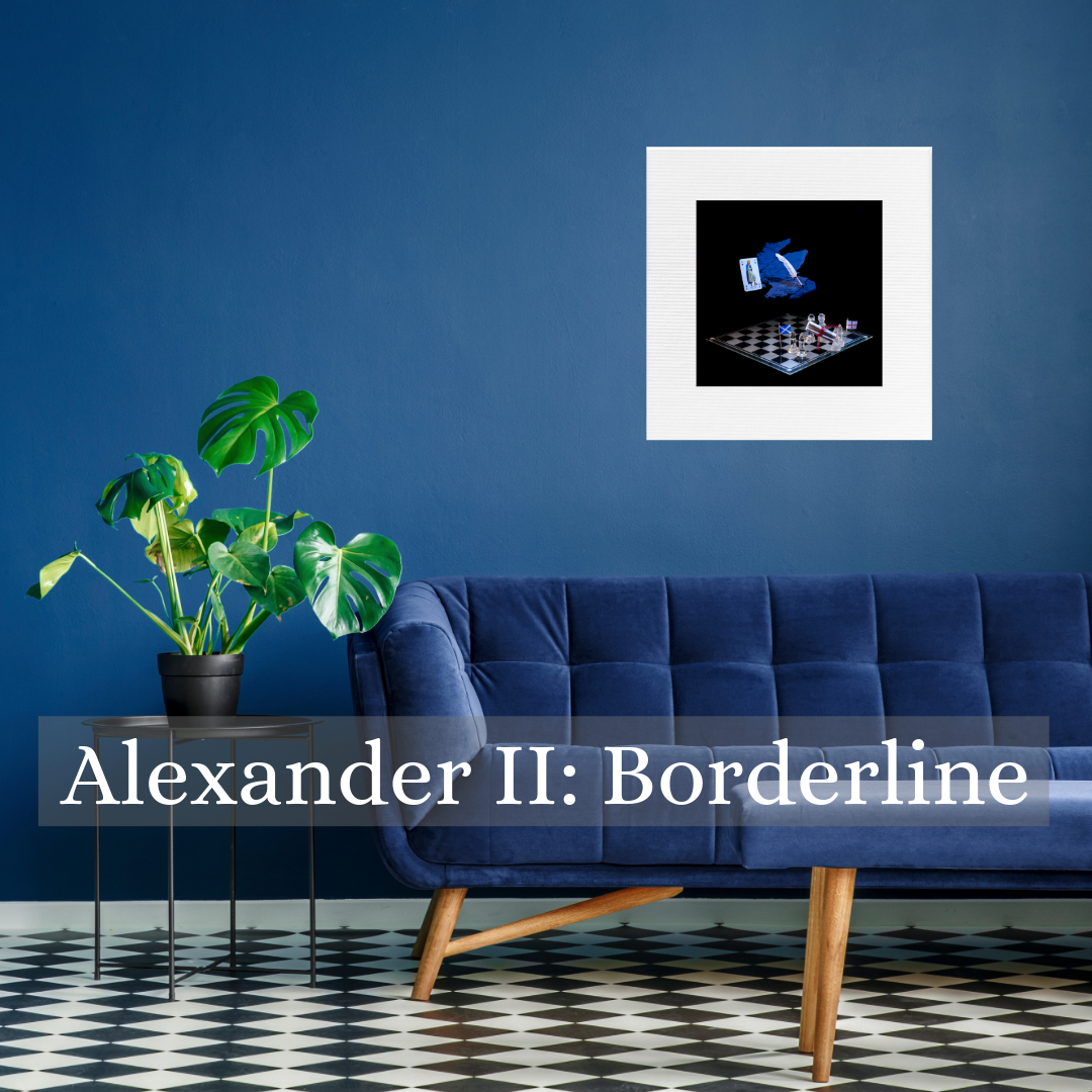 art photography image of Alexander II on wall above a sofa with text that says Alexander II: Borderline