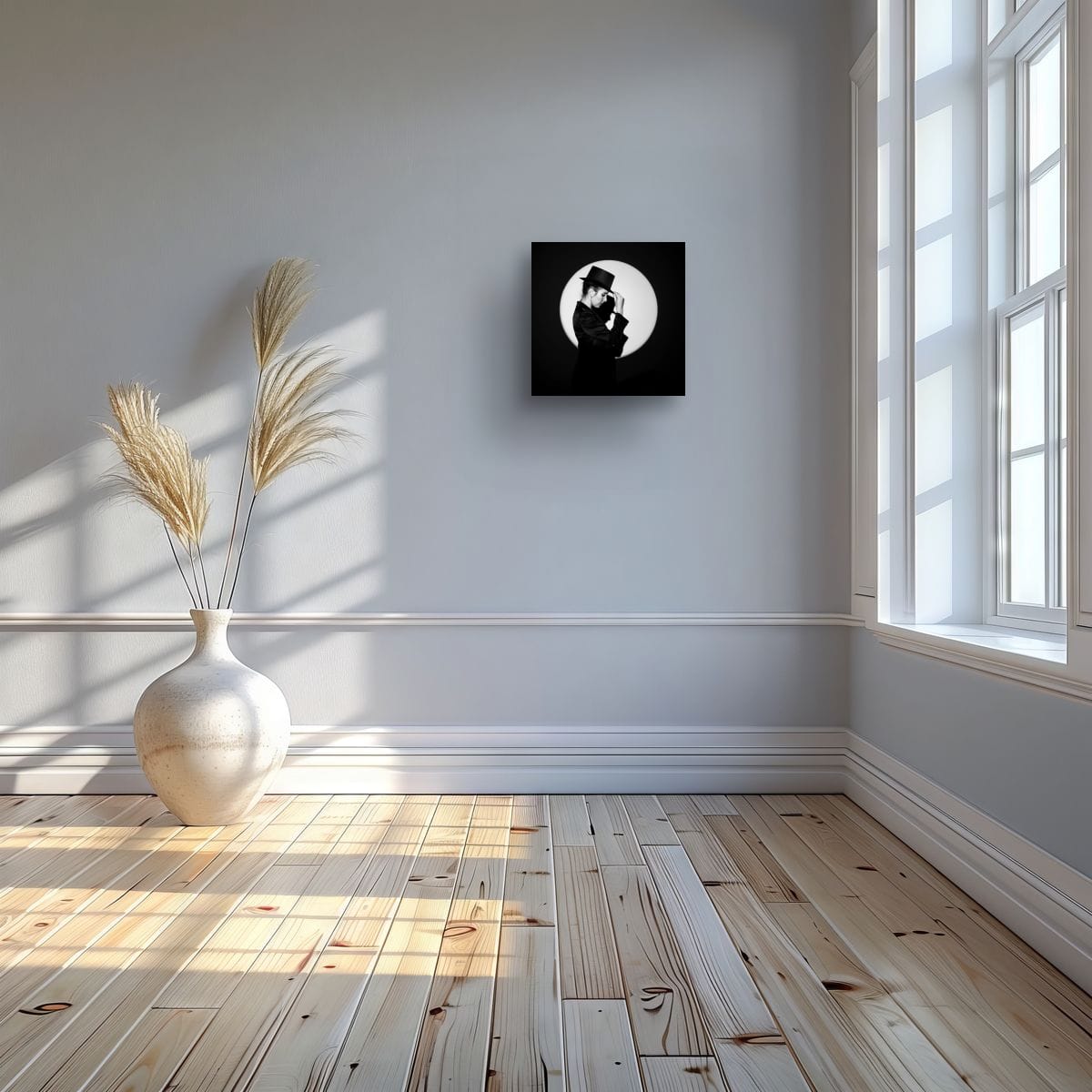 Modern interior with a vase of dried plants and a print of 'In the Spotlight 'on a wall.