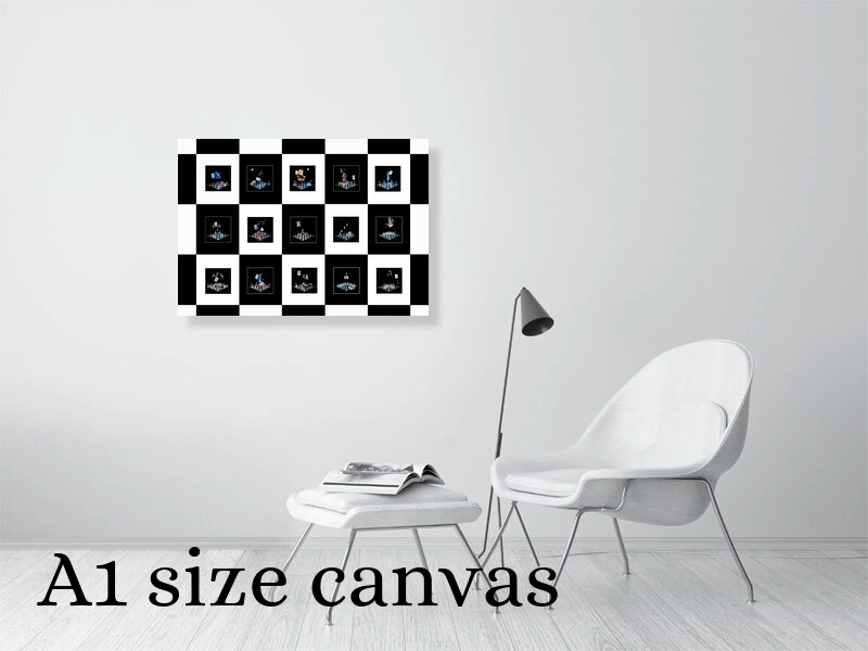 Photographic art A1 canvas print displayed on a wall above a chair to show scale.