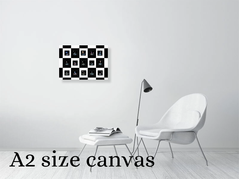 Photographic art A2 canvas print displayed on a wall above a chair to show scale.
