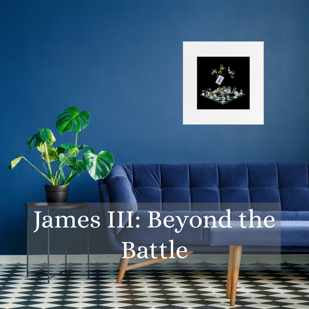 art photography image of James III on wall above a sofa with text that says James III: Beyond The Battle