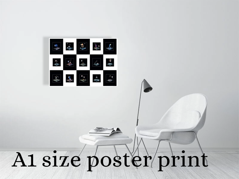 Photographic art A1 poster print displayed on a wall above a chair to show scale.