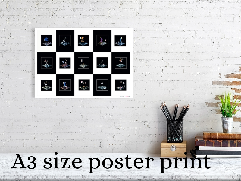 Photographic art A3 poster print displayed on a wall above a shelf with stationary and books to show scale.