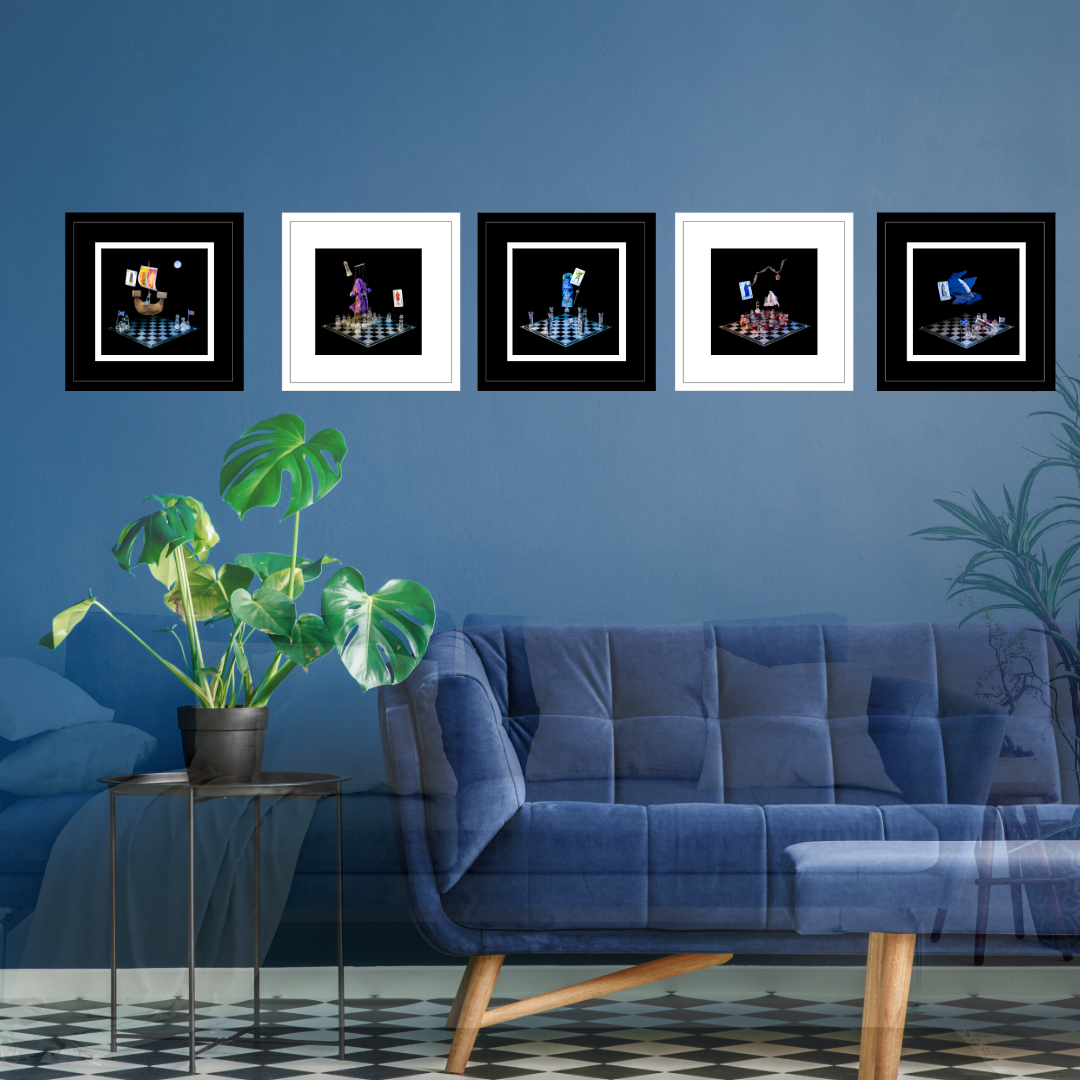 Set of 5 photographic art prints from the Scottish Game of Thrones collection displayed in a line with alternating black and white frames on a blue wall above a blue sofa
