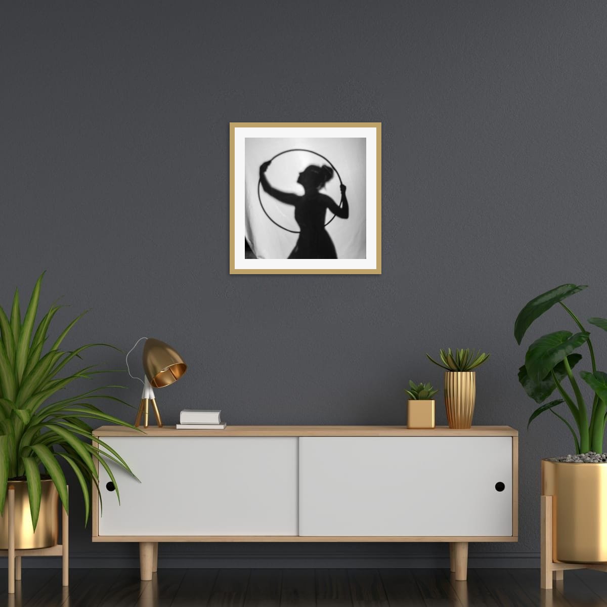 Modern living room with a dark wall, white cabinet, and decorative plants showcasing this artwork listing on the wall.