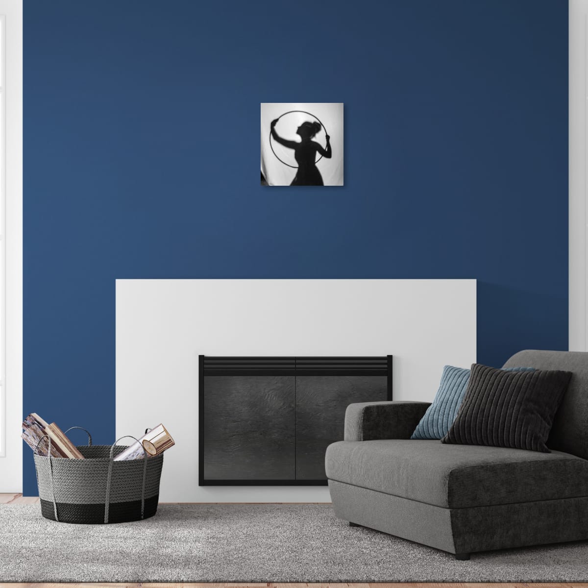 Modern living room with a blue wall, white fireplace, and gray sofa showcasing this art listing above the fireplace.