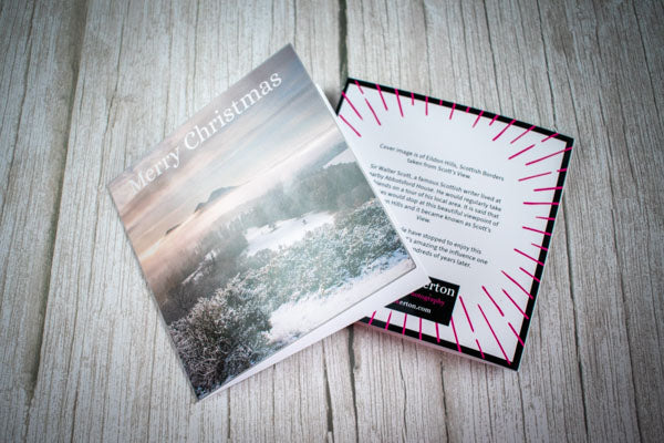 Christmas Card Scott's view of Eildon Hills, Scottish Borders with story on the back