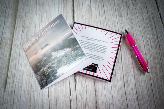 Christmas Card Scott's view of Eildon Hills, Scottish Borders with story on the back