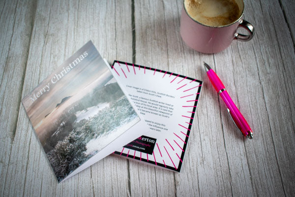 Christmas Card Scott's view of Eildon Hills, Scottish Borders with story on the back