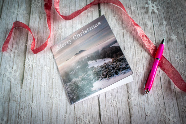 Christmas Card Scott's view of Eildon Hills, Scottish Borders with story on the back