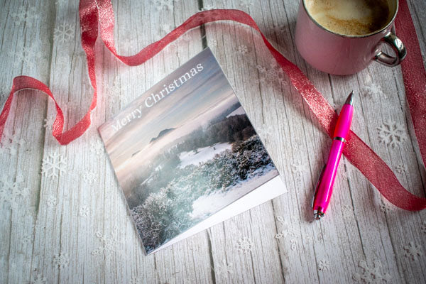Christmas Card Scott's view of Eildon Hills, Scottish Borders with story on the back