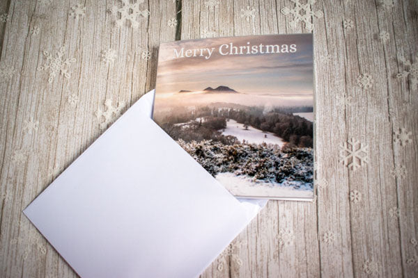 Christmas Card Scott's view of Eildon Hills, Scottish Borders with story on the back