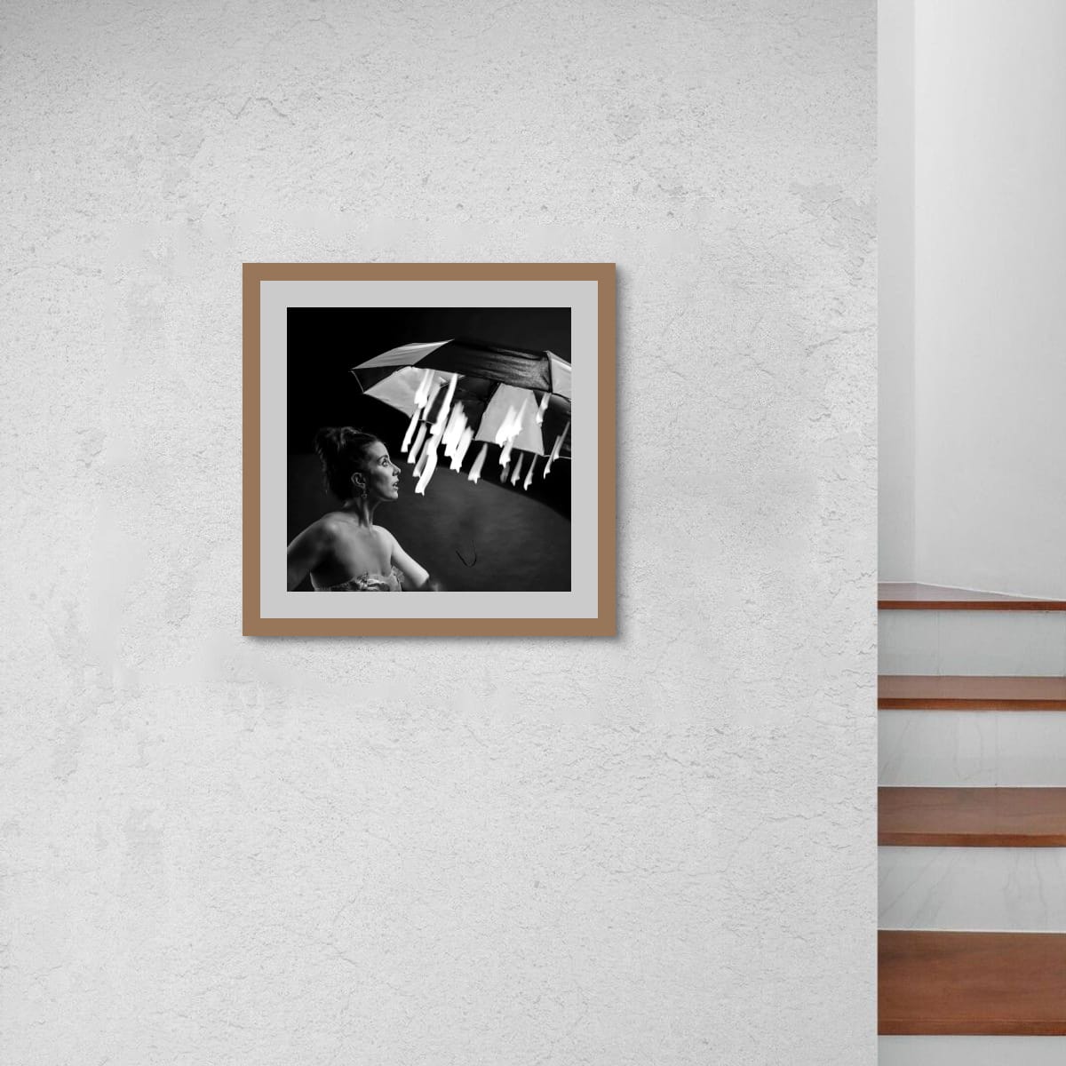 Framed black and white photograph  Magical starlight on a textured wall with wooden steps.