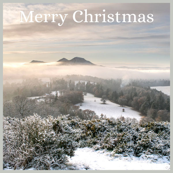 Christmas Card Scott's view of Eildon Hills, Scottish Borders with story on the back